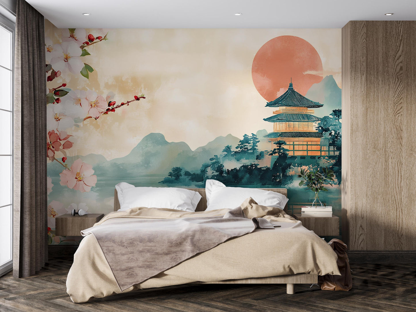 Japanese Wall Mural with Cherry Blossoms & Pagoda – Tranquil Nature Bedroom Wallpaper – Asian Landscape Wall Art Décor Vn488