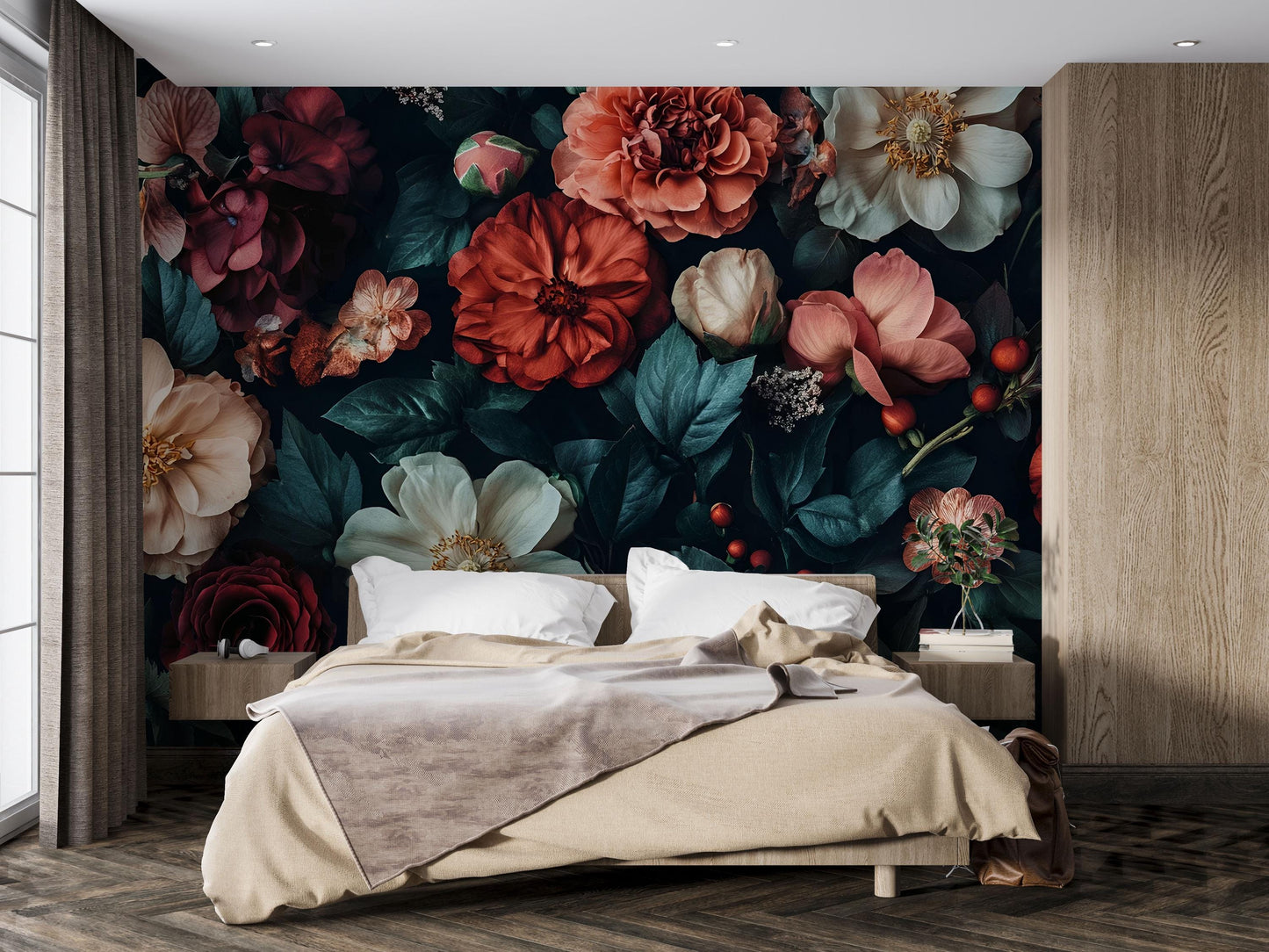 Bold Floral Wall Mural | Dark Botanical Bedroom Wallpaper | Oversized Flower Accent Wall Decor Vn642