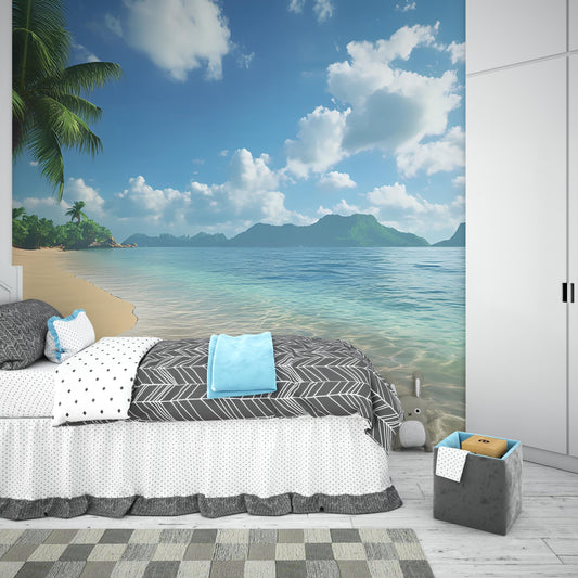 Tropical Beach Wall Mural – Ocean View Wallpaper for Bedroom, Palm Tree Seaside Wall Decor, Coastal Landscape Accent Vn285