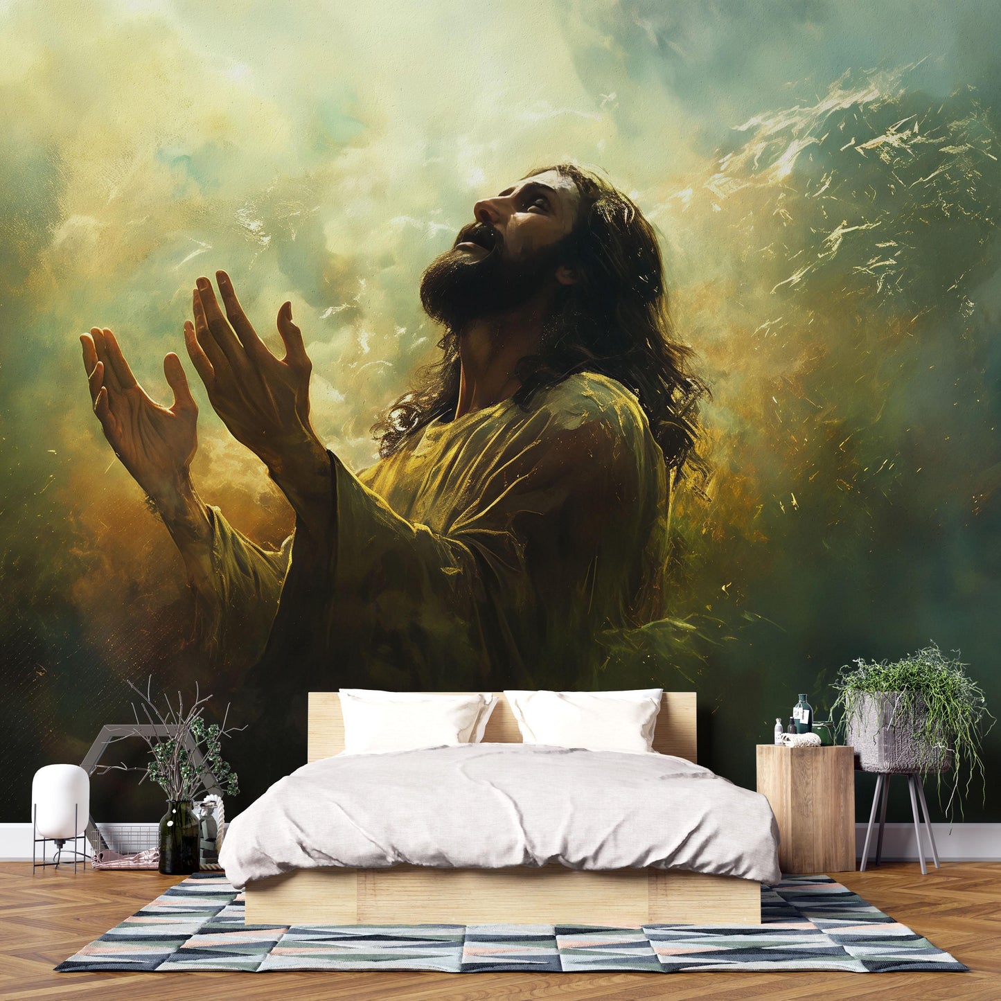 Jesus Wall Mural | Spiritual Bedroom Decor | Religious Art Wallpaper | Christian Prayer Scene | Large Faith Mural for Home Vn612