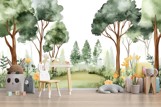 Whimsical Forest Wall Mural for Kids Room – Woodland Tree Nursery Wallpaper – Nature Wall Art for Baby or Toddler Room Decor Vn563