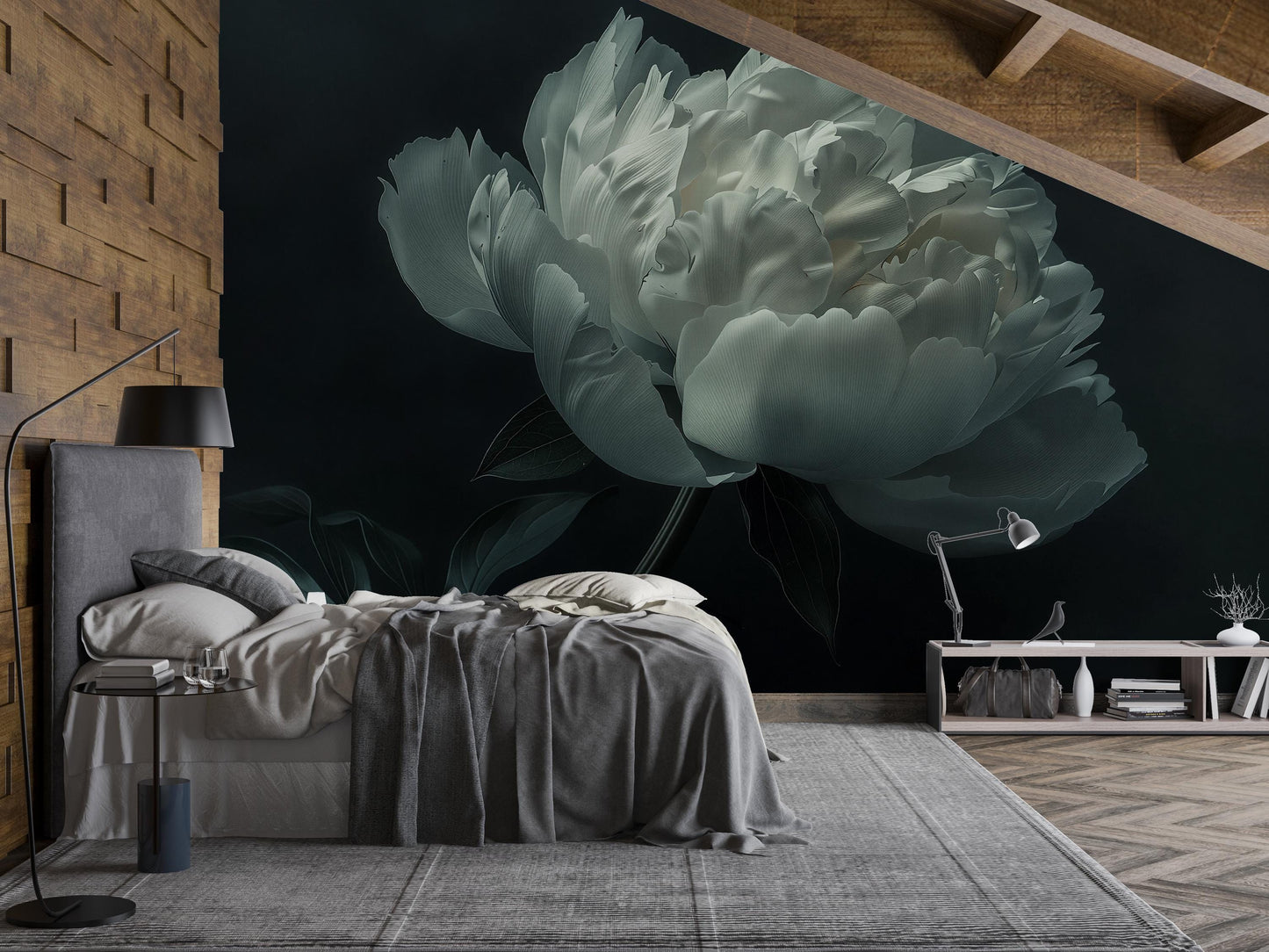 White Peony Wall Mural – Oversized Floral Wallpaper for Bedroom Accent Wall Vn1049