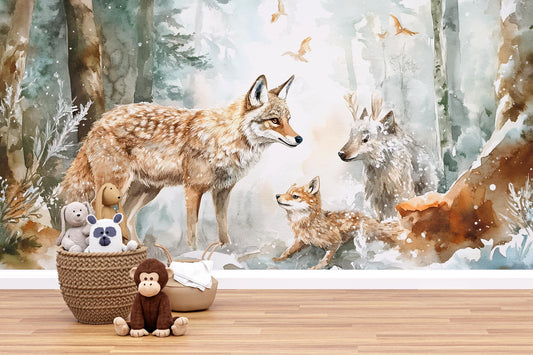 Woodland Animal Wall Mural for Kids Room – Forest Fox Deer Cub Wallpaper – Neutral Nursery Décor – Cozy Scandinavian Style Art Vn342