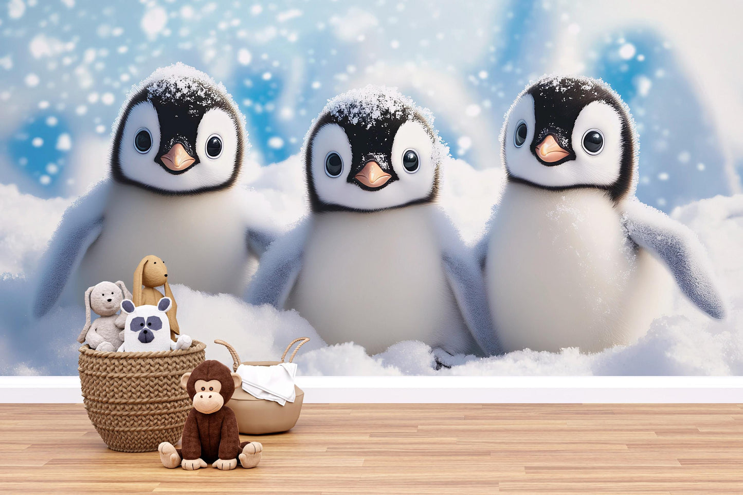 Snowy Baby Penguin Wall Mural – Cute Arctic Animal Nursery Wallpaper – Winter Penguin Kids Room Décor Vn520
