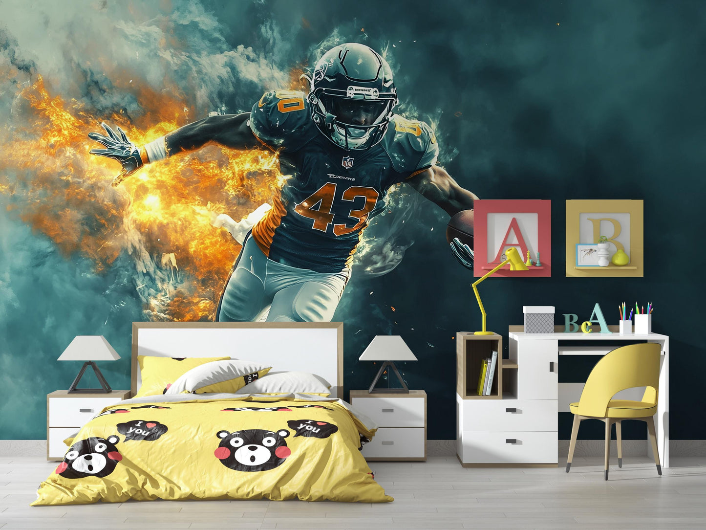 Football Player Wall Mural for Kids Room – Sports Theme Boys Room Decor – Dynamic Athlete Art Print – Removable Wallpaper Vn527