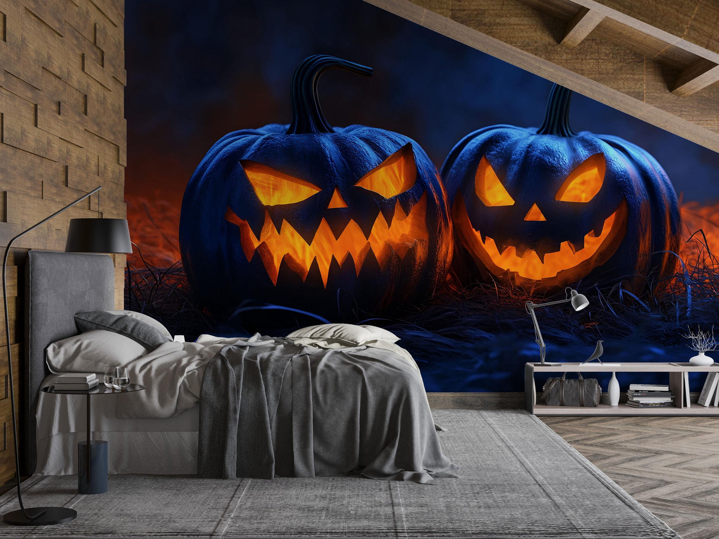 Halloween Jack-o’-Lantern Wall Mural – Spooky Pumpkin Wallpaper for Party or Office Decor  Vn787