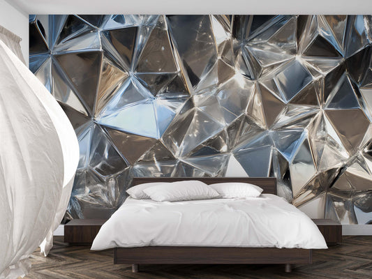 Modern 3D Geometric Metallic Wall Mural, Silver Chrome Crystal Pattern, Luxury Abstract Wallpaper for Bedroom & Living Room Vn748