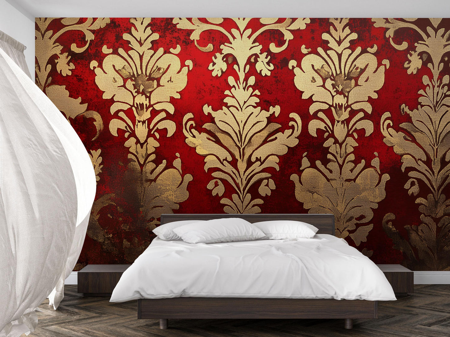 Luxury Red & Gold Damask Wall Mural – Baroque Elegant Accent Wallpaper Vn635
