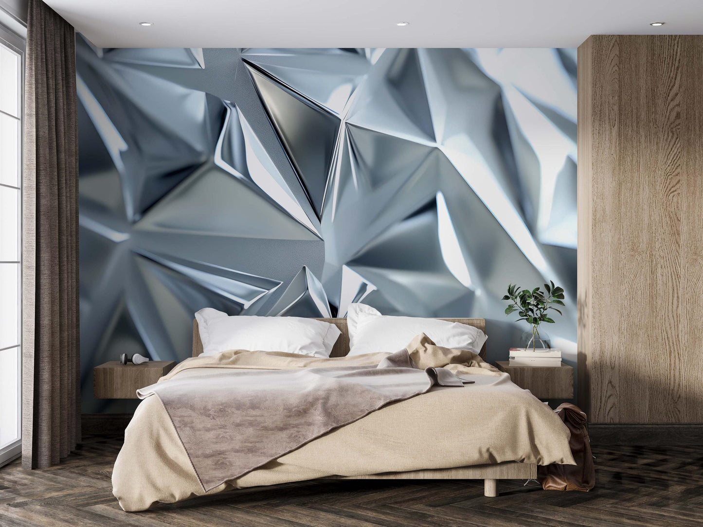 Geometric Silver Chrome Wall Mural – Modern 3D Metallic Abstract Wallpaper for Bedroom or Living Room Vn747