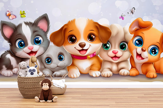 Cute Puppy & Kitten Wall Mural – Cartoon Animal Wallpaper for Nursery, Kids Room Decor – Large Removable Art Print Vn320