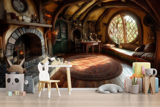 Hobbit-Inspired Nursery Wall Mural – Cozy Fantasy Fireplace & Round Window Scene – Storybook Woodland Baby Room Decor Vn605