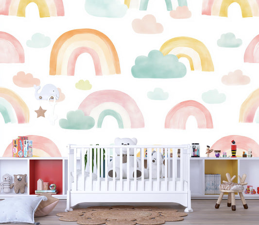 Rainbow Wall Mural – Watercolor Clouds & Rainbow Wallpaper Kids Room Vn978