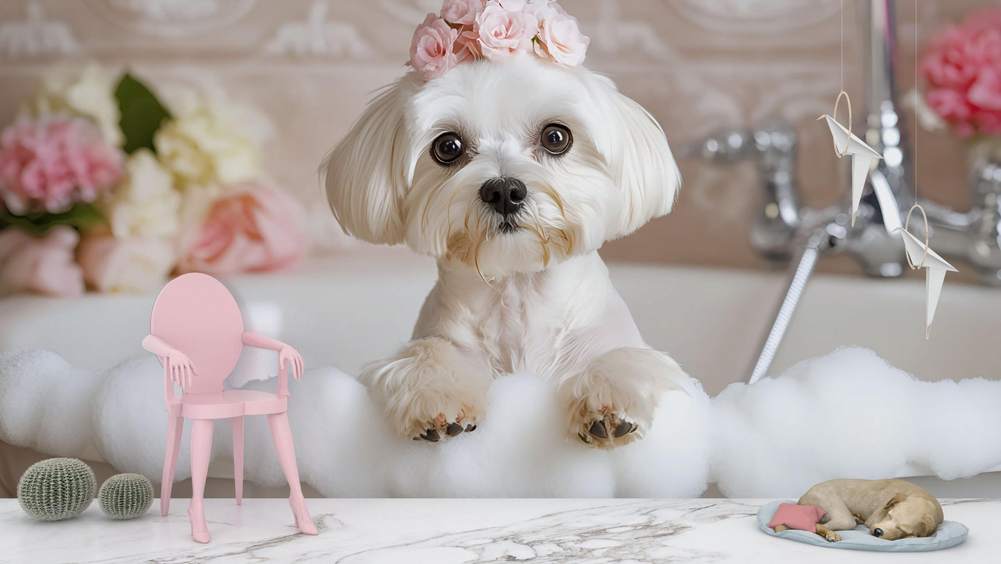 Cute Maltese Dog Bath Art | Whimsical Puppy Bathroom Print | Funny Dog Spa Wall Decor | White Dog Nursery Poster Vn667