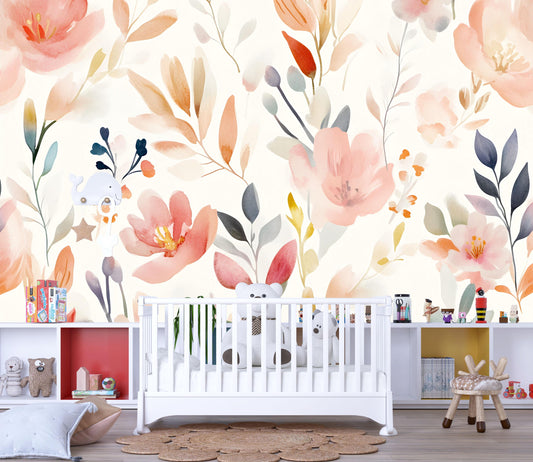 Floral Watercolor Wallpaper Mural – Boho Kids Room Decor with Pink Flowers Vn629