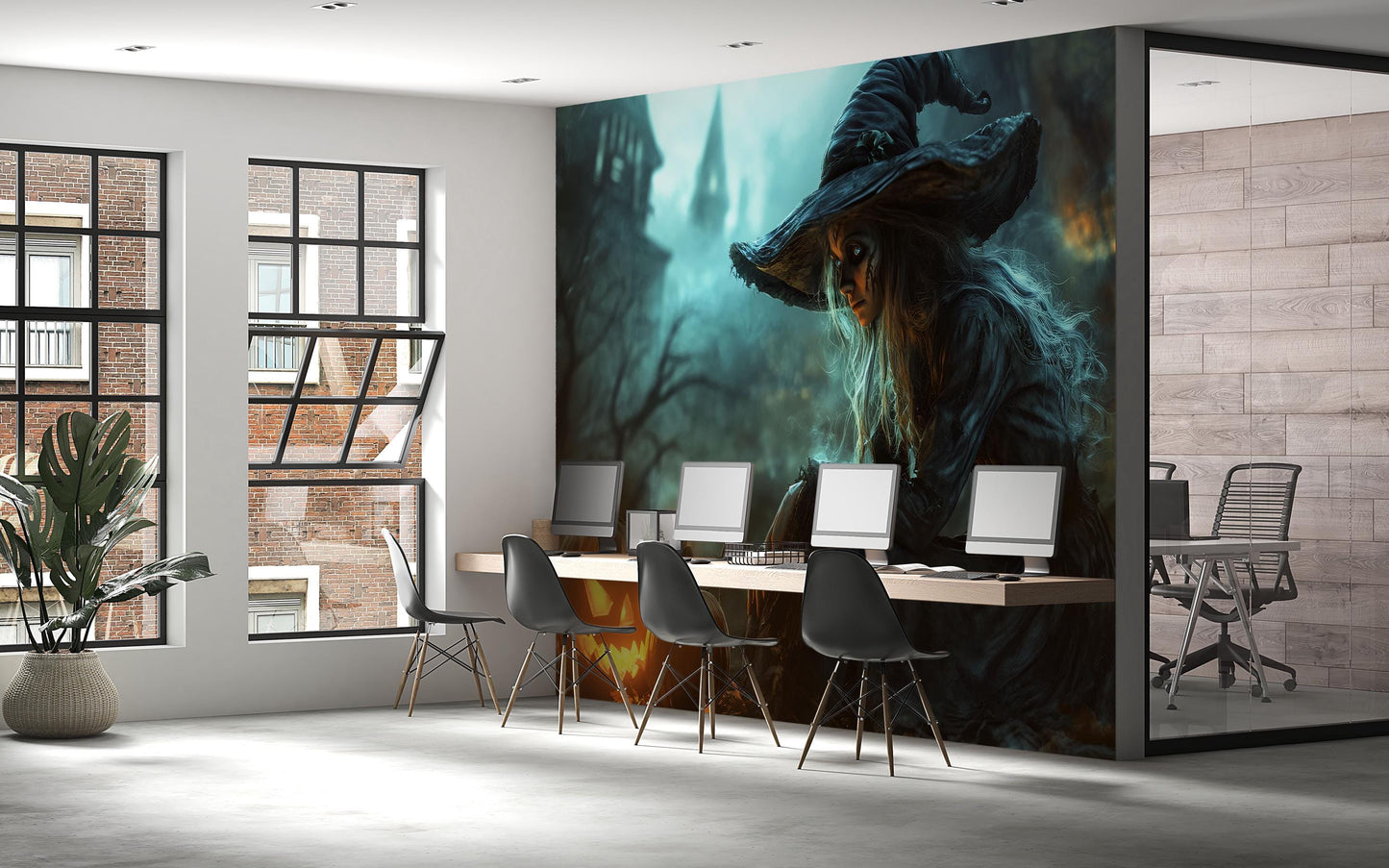 Haunted Witch & Pumpkin Wall Mural – Spooky Halloween Gothic Wallpaper for Home or Store  Vn793