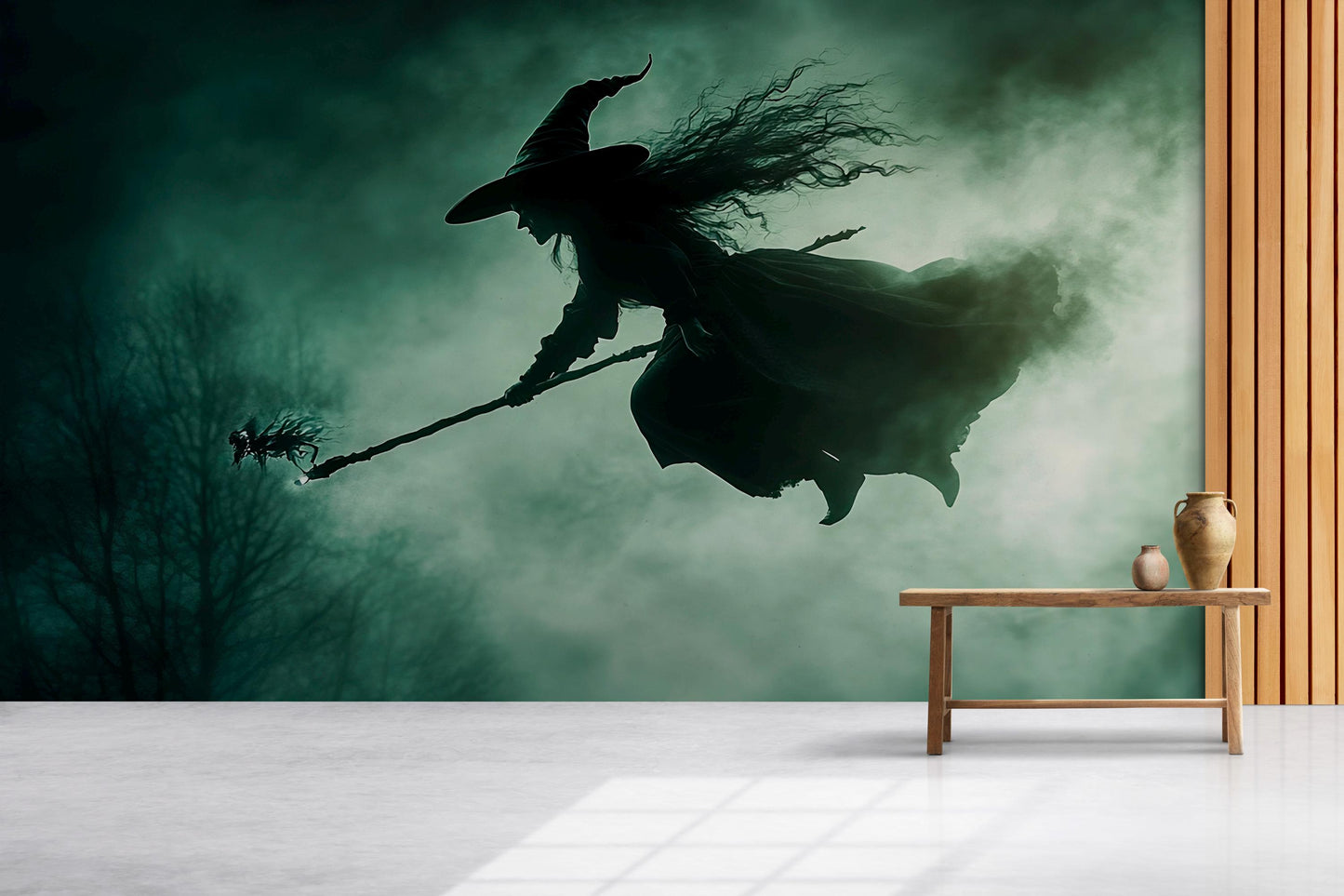 Flying Witch Silhouette Wall Mural – Spooky Halloween Night Scene Vn806