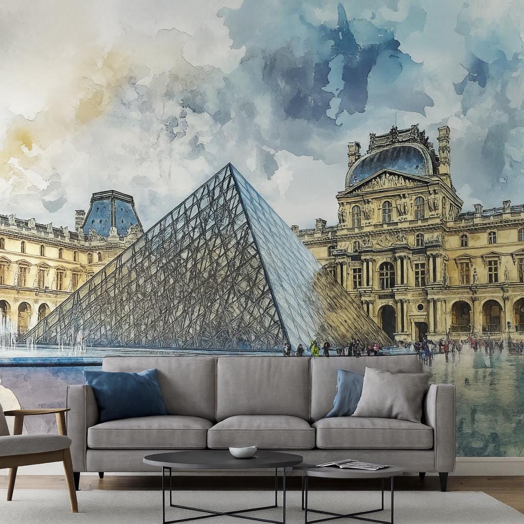 Louvre Paris Wall Mural – Watercolor Pyramid & Museum Wallpaper Vn933