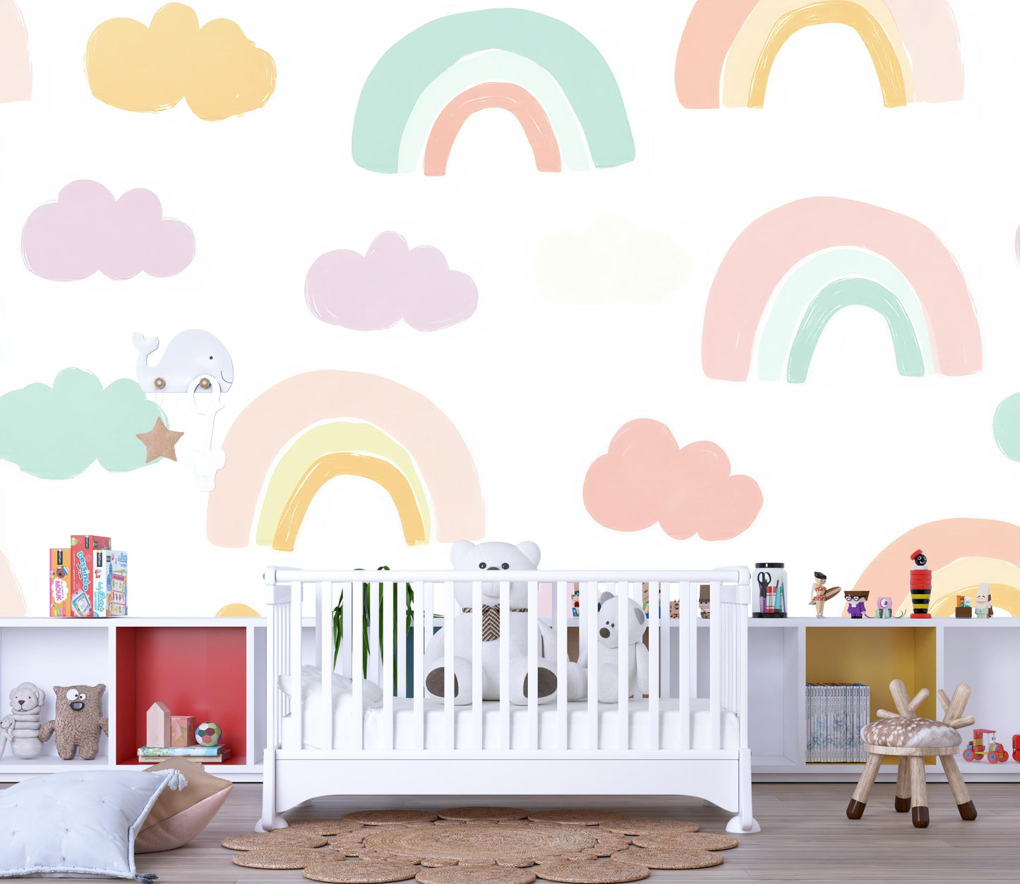 Pastel Rainbow Wall Mural – Cute Kids Room Wallpaper with Clouds for Nursery Decor Vn981