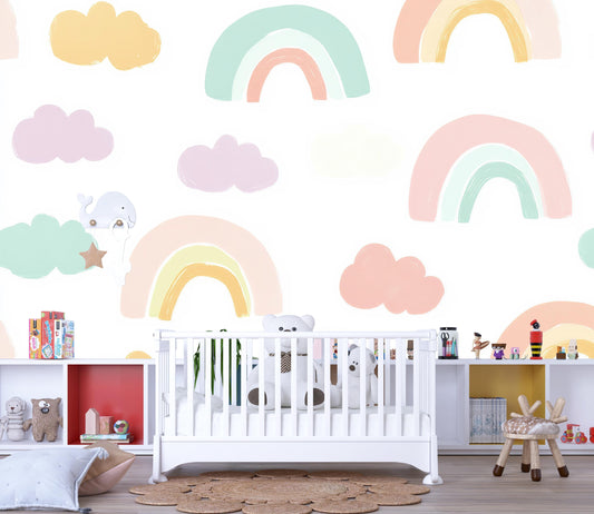 Pastel Rainbow Wall Mural – Cute Kids Room Wallpaper with Clouds for Nursery Decor Vn981