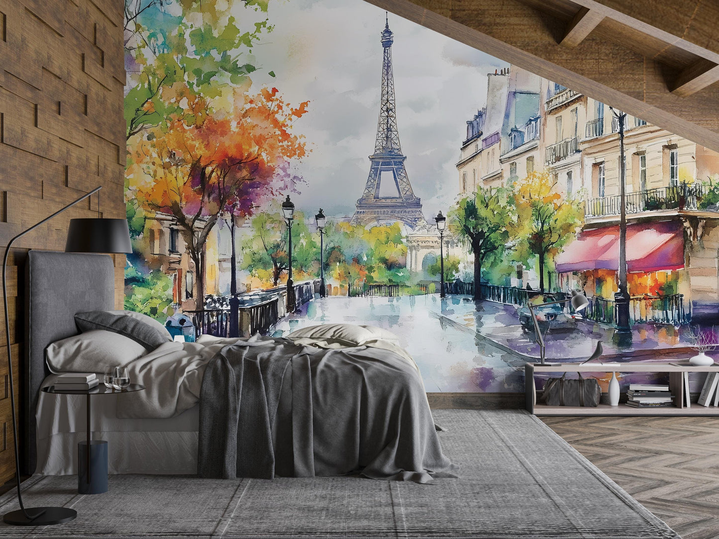 Paris Eiffel Tower Wall Mural – Watercolor Street View Wallpaper Vn931