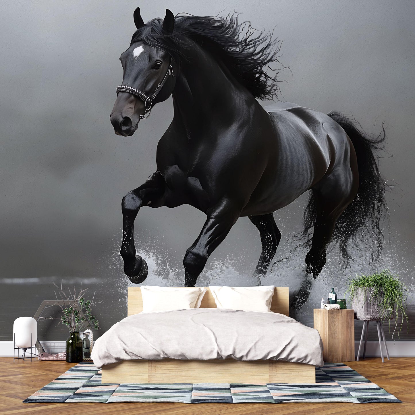 Black Stallion Wall Mural – Majestic Running Horse Wallpaper for Bedroom or Living Room Vn783