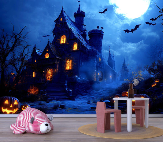 Haunted Castle & Pumpkin Patch Halloween Wall Mural – Spooky Gothic Home Décor Vn798