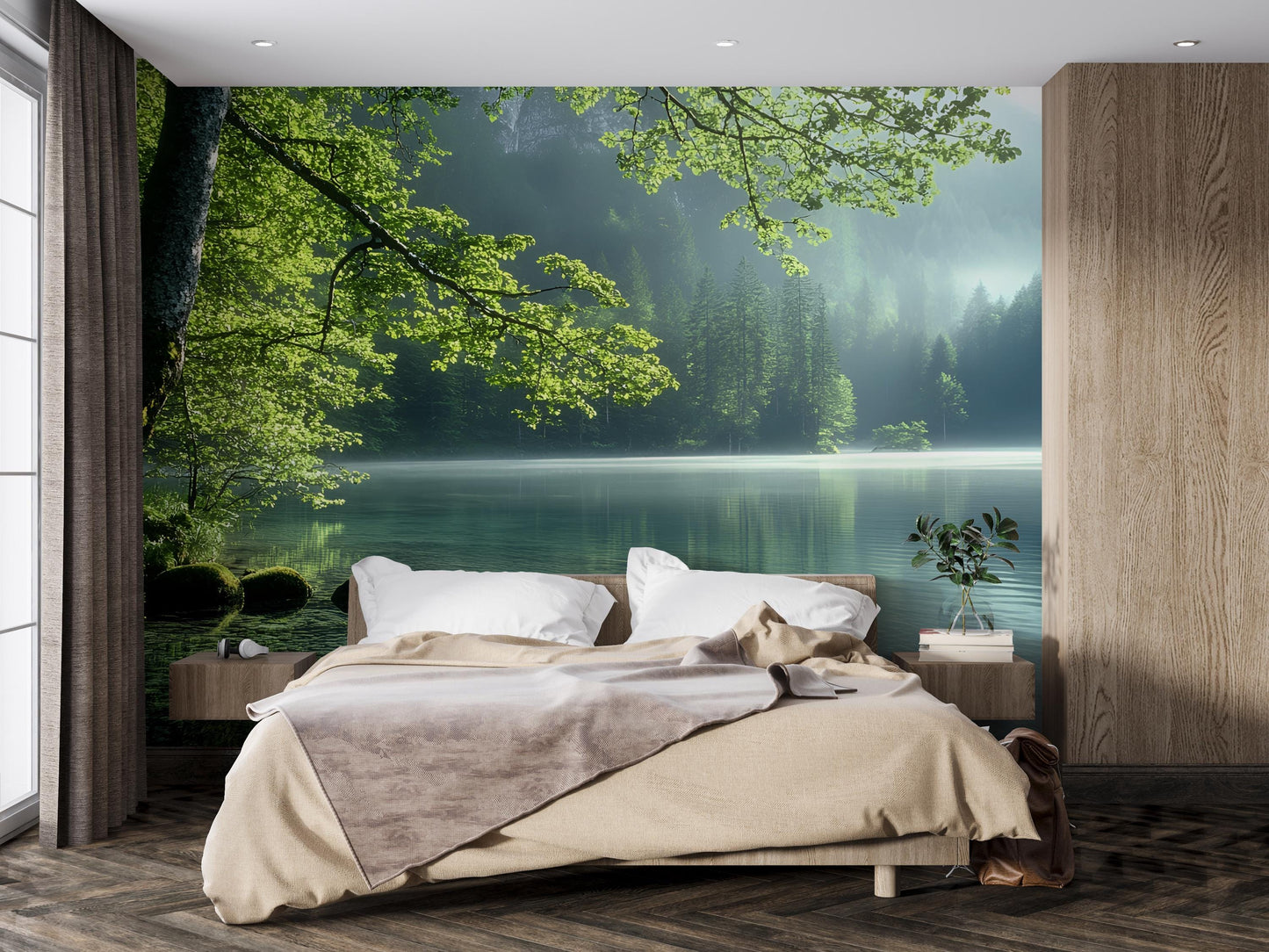 Forest Lake Wall Mural – Serene Nature Bedroom Wallpaper, Tranquil Green Landscape Decor, Removable Large Wall Art Vn479