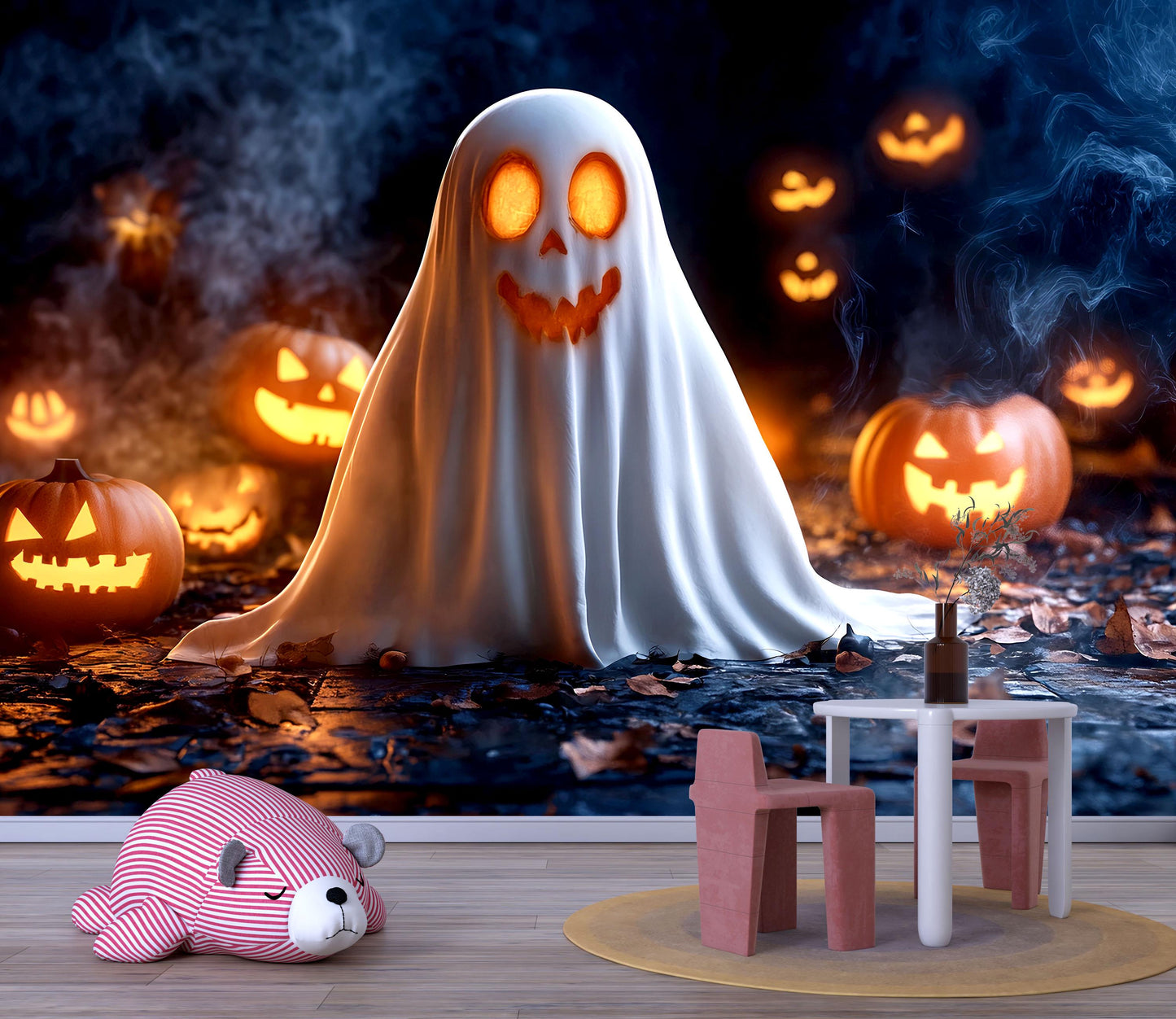 Cute Ghost & Pumpkin Glow Wall Mural – Halloween Spooky Décor Vn803