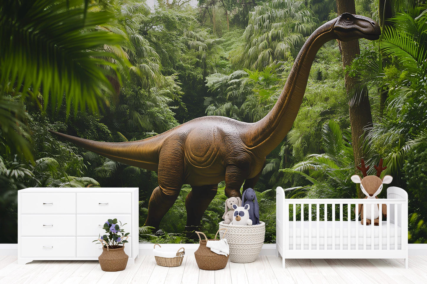 Dinosaur Jungle Wall Mural for Kids Room | Giant Brachiosaurus Wallpaper | Boys Bedroom Decor with Car Bed | Adventure Theme Wall Art Vn409