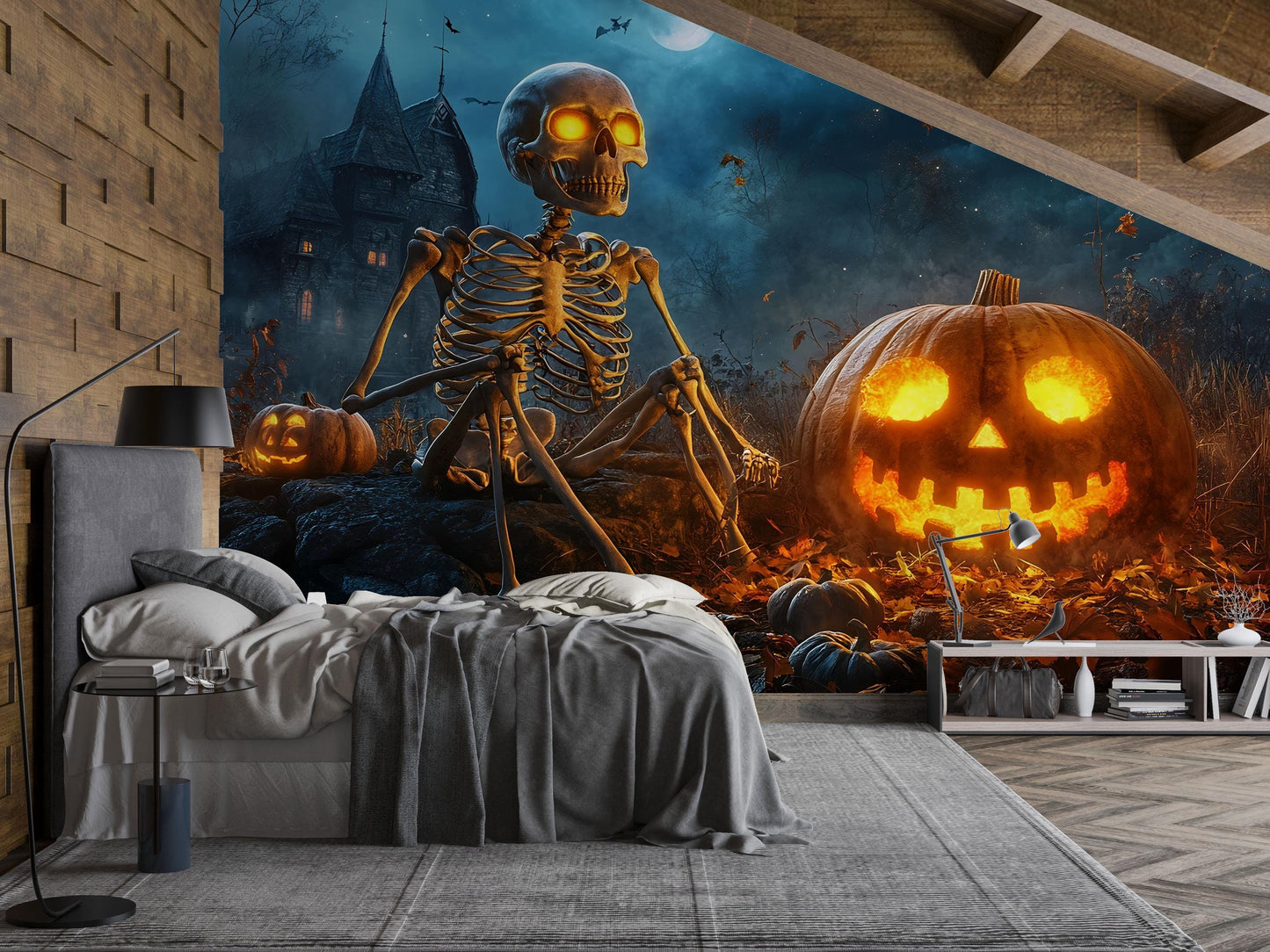 Skeleton & Jack-O’-Lantern Wall Mural – Spooky Halloween Bedroom Décor Vn796
