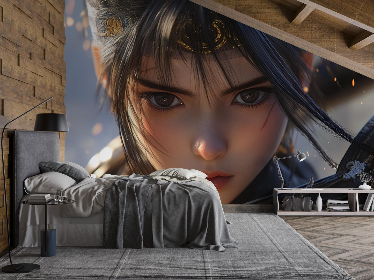 Fantasy Warrior Girl Wall Mural - Anime Style Face Close-Up Art for Bedroom Decor, Epic Gaming Room Tapestry Accent Wallpaper Vn362