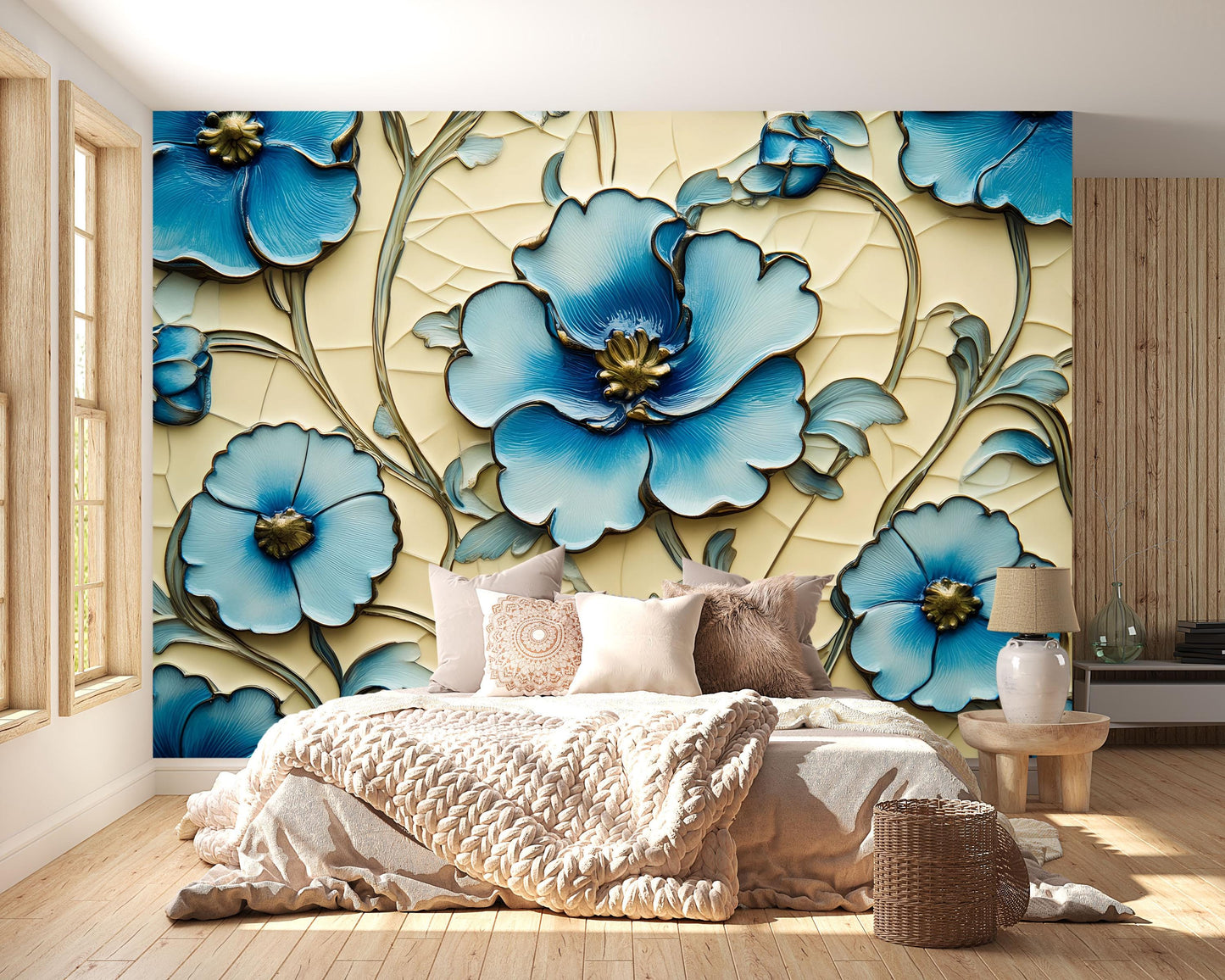 Blue Floral Wall Mural – 3D Effect Botanical Wallpaper for Living Room or Office Vn769