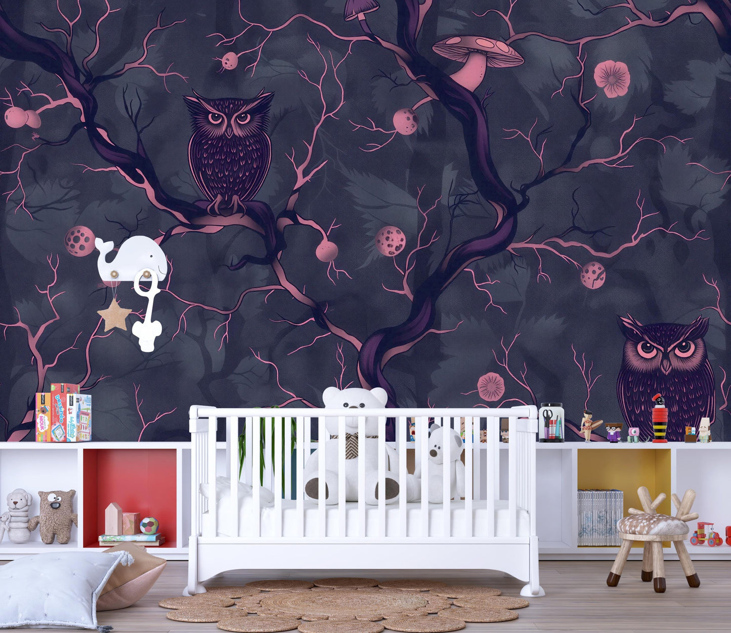 Dark Owl Forest Wallpaper – Enchanted Woodland Wall Mural Vn1096