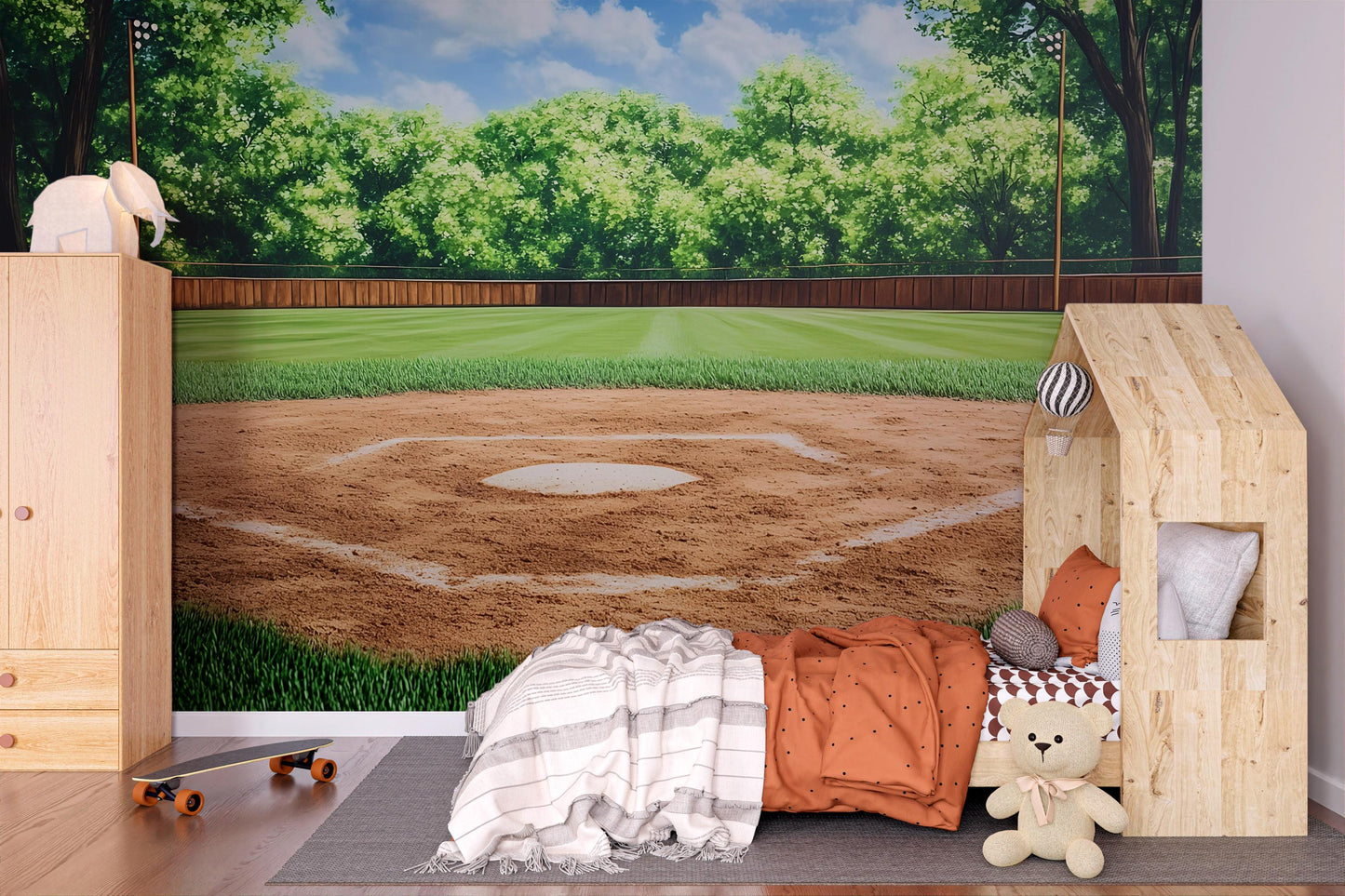 Baseball Field Wall Mural – Realistic Sports Theme Wallpaper for Boys Room, Game Room, or Man Cave Decor Vn531