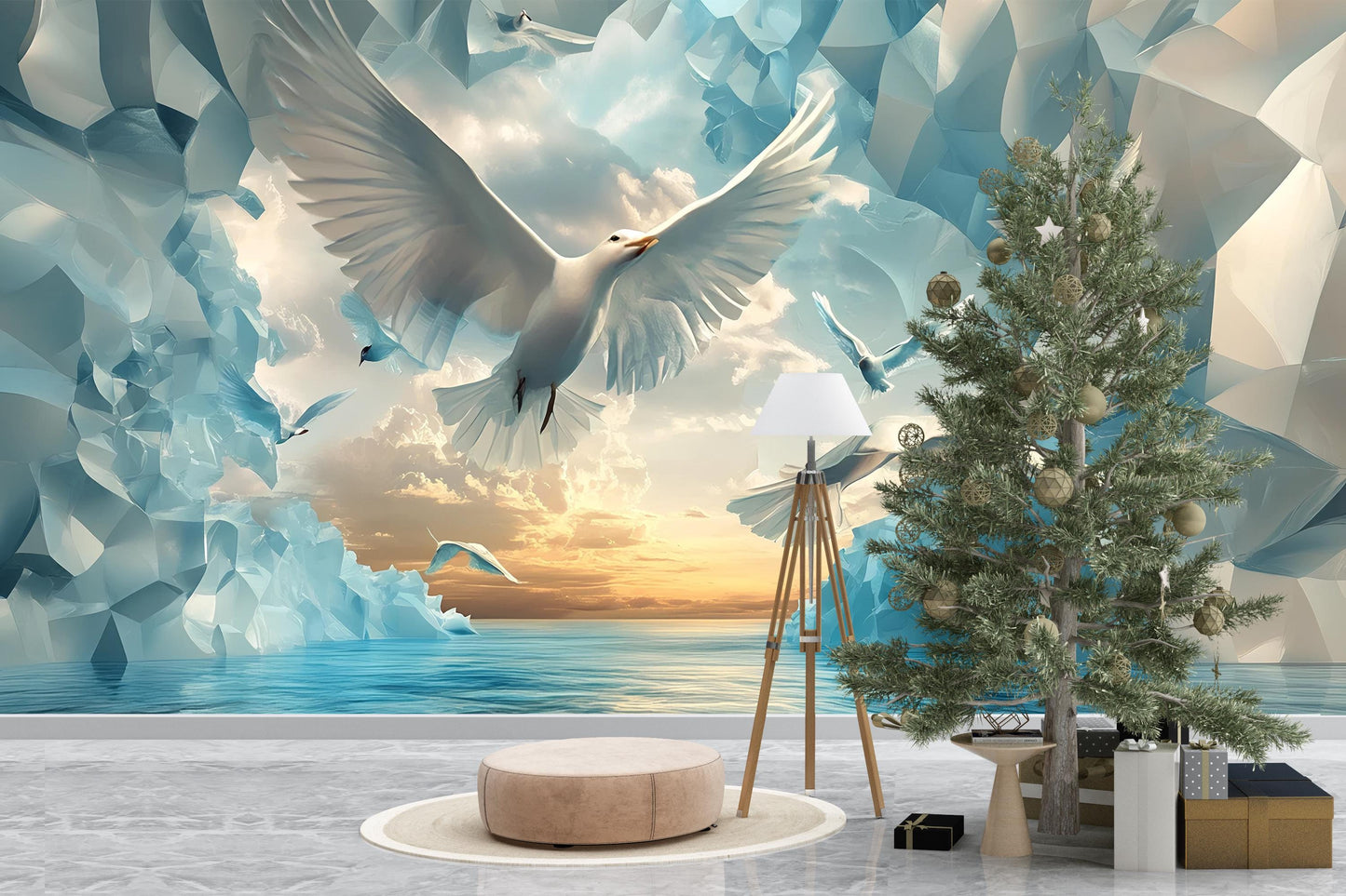 Soaring Birds 3D Wall Mural – Sky & Ocean Scene with White Doves | Modern Nature-Inspired Peel  Stick Wallpaper Vn577