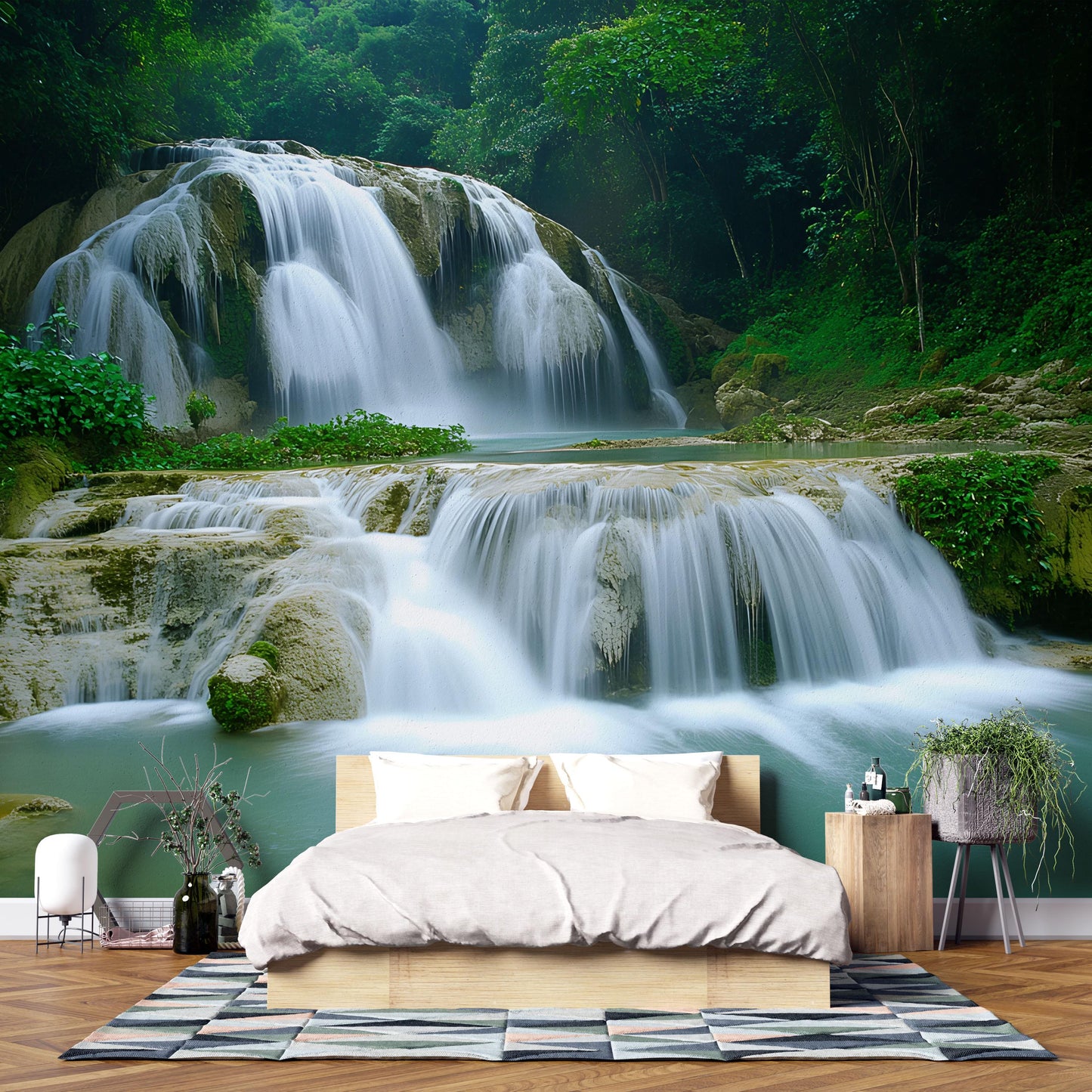 Waterfall Wall Mural for Bedroom – Tranquil Nature Scene Wallpaper – Forest Waterfall Accent Wall Décor – Scenic Photo Wall Art Vn701