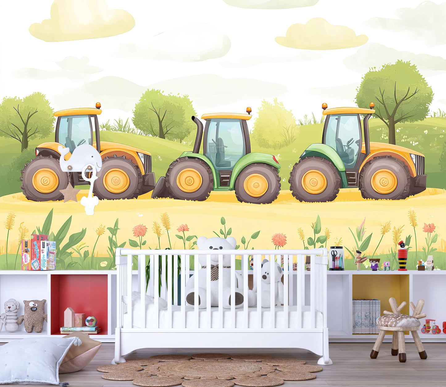 Tractor Wall Mural for Kids Room – Farm Theme Boys Bedroom Wallpaper – Cartoon Tractors Nursery Wall Art – Playroom Decor Vn627