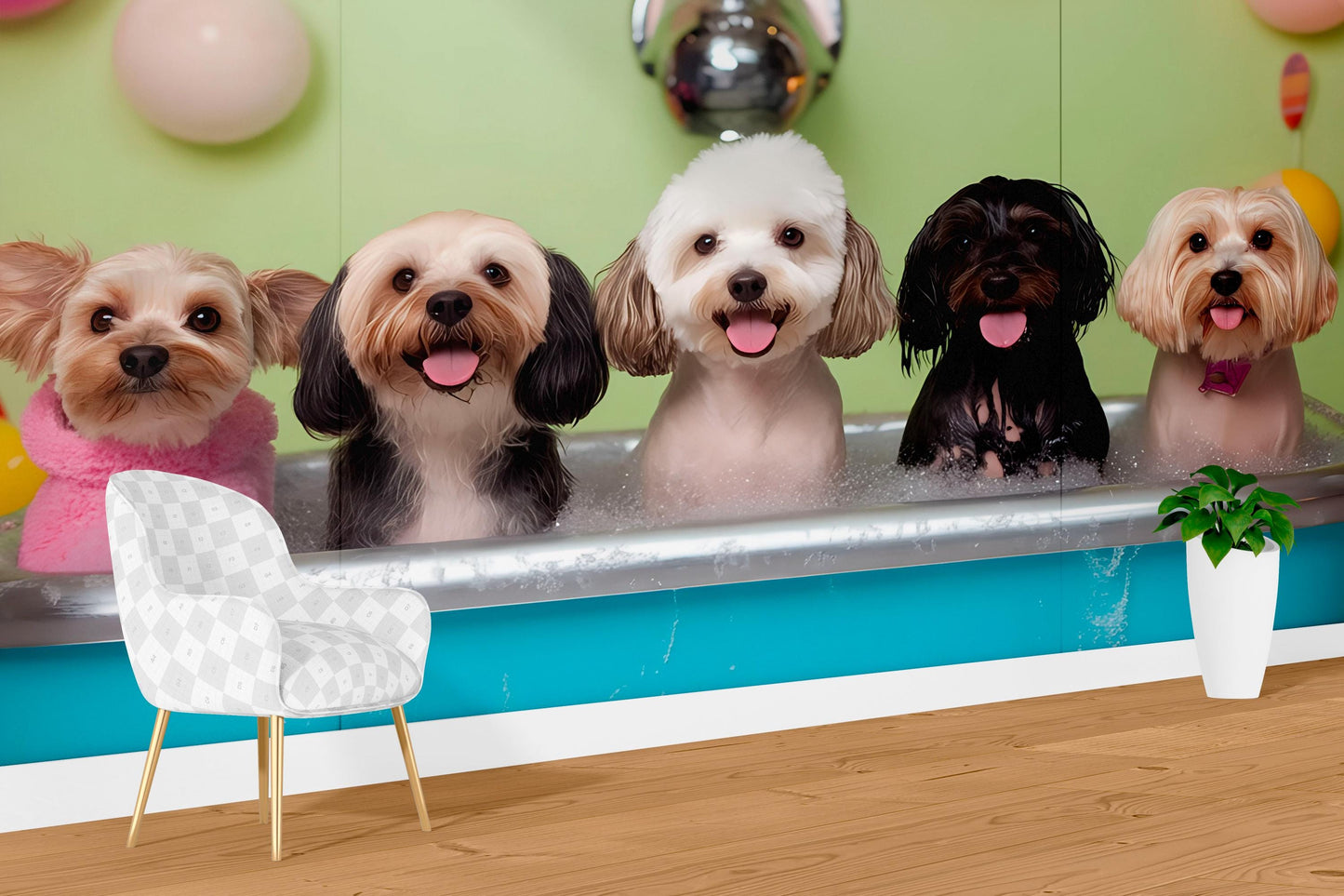 Dog Grooming Salon Wall Mural – Cute Bathing Dogs Wallpaper, Pet Spa Decor, Playful Veterinary Office Art Vn663