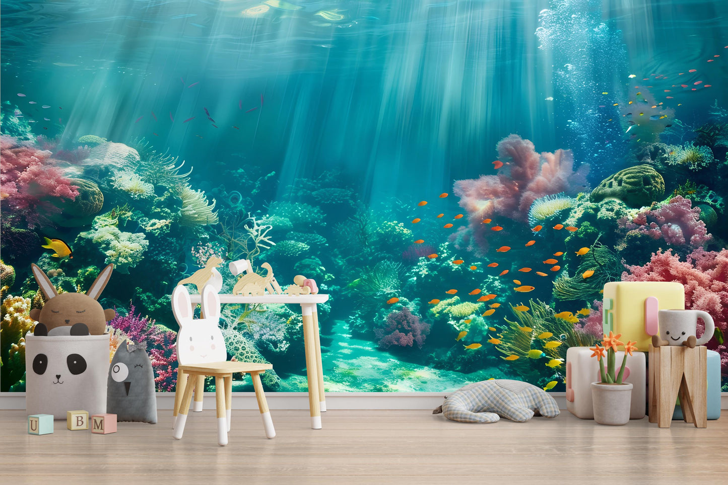 Underwater Coral Reef Wall Mural – Ocean Sea Life Wallpaper, Kids Room Marine Accent Wall Decor with Fish & Coral Vn1066
