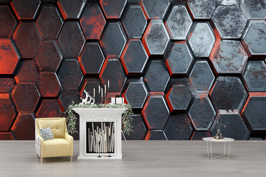 Modern 3D Hexagon Wall Mural | Industrial Geometric Wallpaper | Black & Red Textured Art Vn589