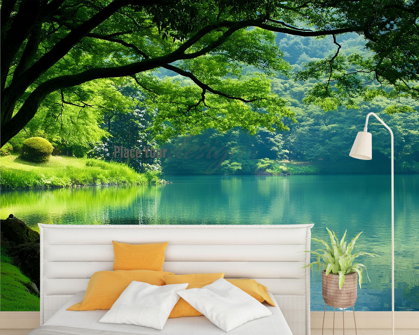 Tranquil Forest Lake Wall Mural – Nature Scenic Wallpaper for Bedroom or Living Room Décor Vn684