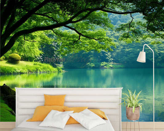 Tranquil Forest Lake Wall Mural – Nature Scenic Wallpaper for Bedroom or Living Room Décor Vn684