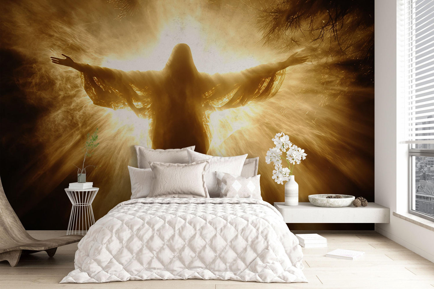 Spiritual Jesus Wall Mural – Radiant Light Religious Wallpaper – Divine Bedroom Decor – Christian Art Mural Vn608