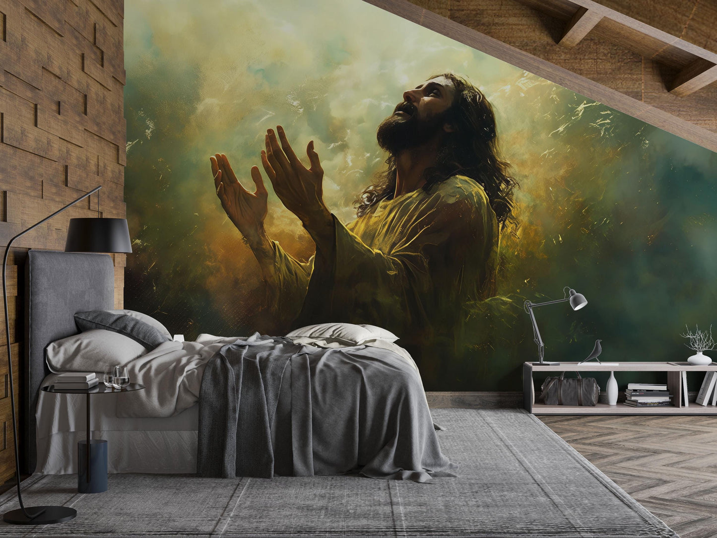 Jesus Wall Mural | Spiritual Bedroom Decor | Religious Art Wallpaper | Christian Prayer Scene | Large Faith Mural for Home Vn612