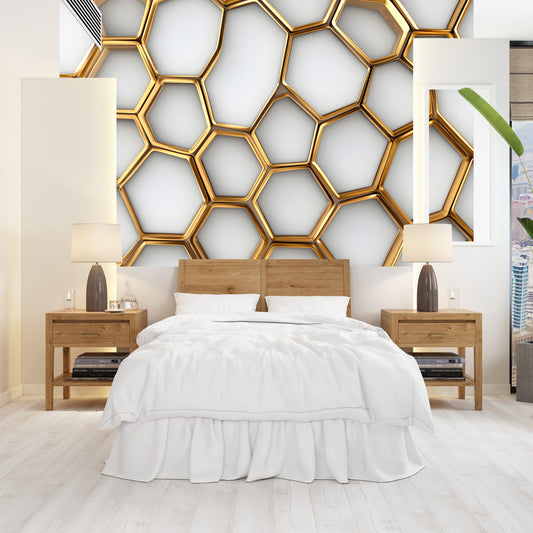 Luxury 3D Gold Honeycomb Wall Mural – Geometric Modern Bedroom Wallpaper – Elegant Hexagon Art Decor for Master or Guest Room Vn046