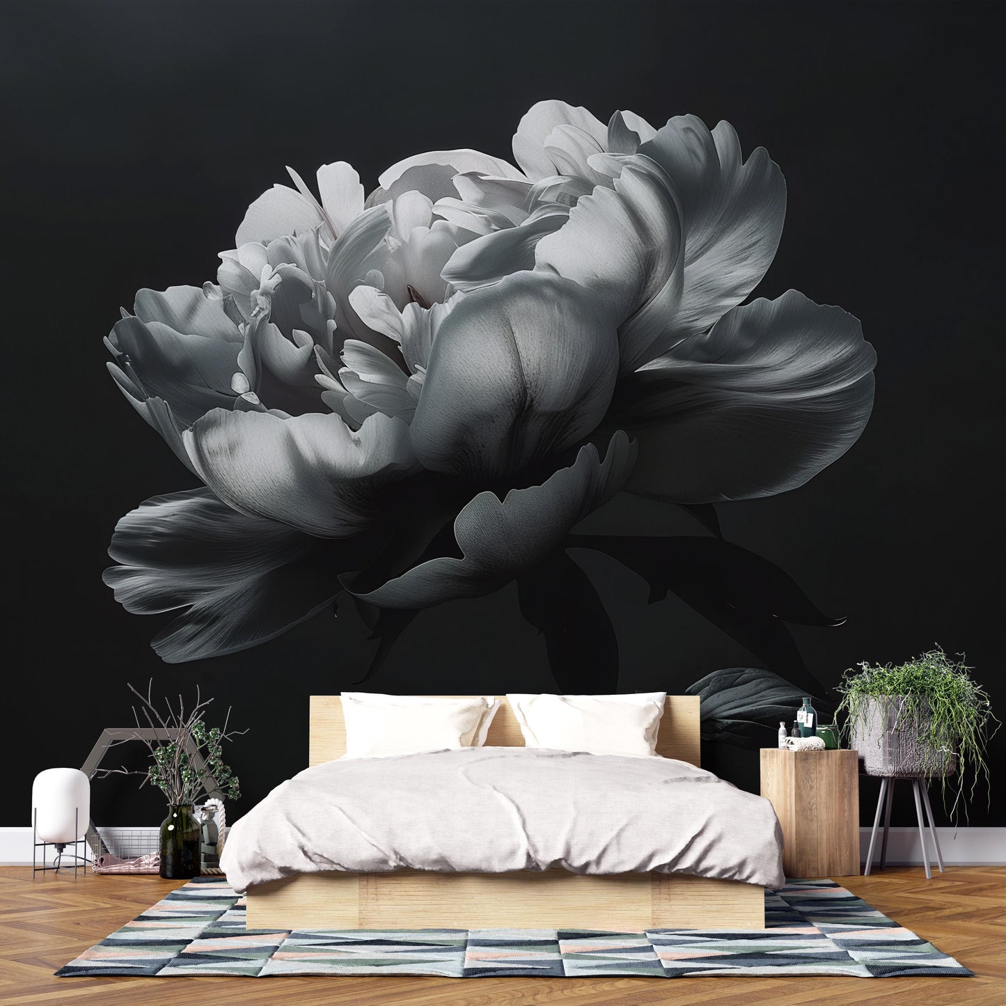 Black and White Peony Wall Mural – Large Dark Floral Wallpaper for Bedroom Accent Wall Vn1050
