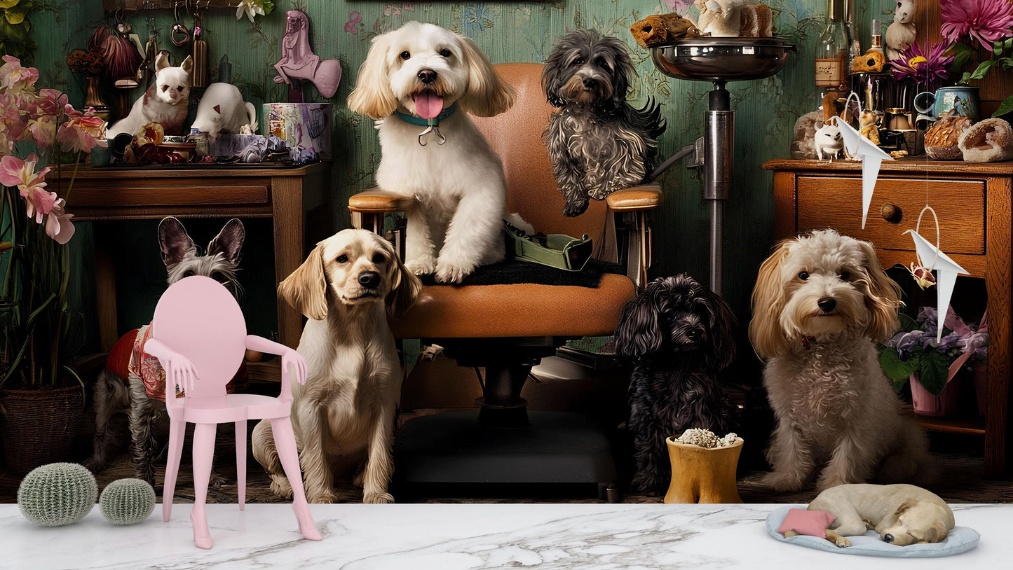 Whimsical Dog Grooming Wall Mural – Cute Dogs Salon Scene, Pet Lover Wallpaper Art Vn678