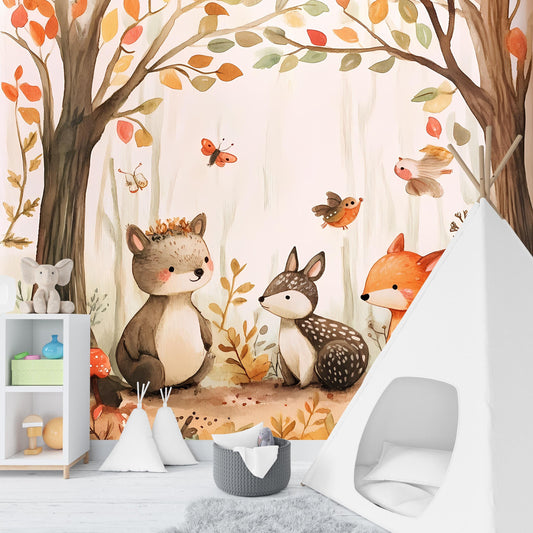Woodland Animal Nursery Wall Mural - Forest Friends Wallpaper for Kids Room - Cute Bear Deer Fox Wall Art - Nature Baby Room Decor Vn060