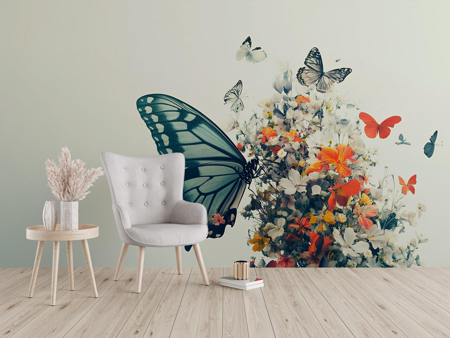 Large Butterfly & Floral Wall Mural – Colorful Nature Wall Art for Living Room or Office Vn484