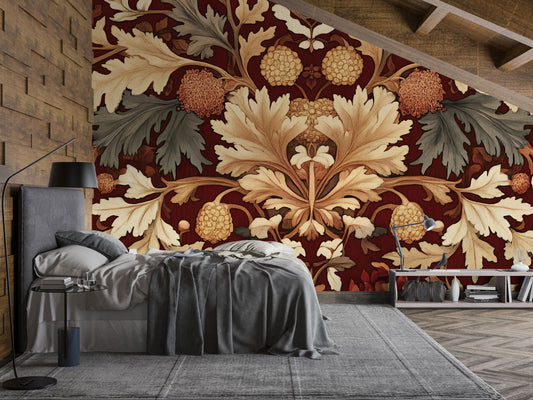 Red Vintage Floral Wall Mural – Elegant Botanical Wallpaper, Dramatic Tapestry Accent Wall for Bedroom or Living Room Vn845